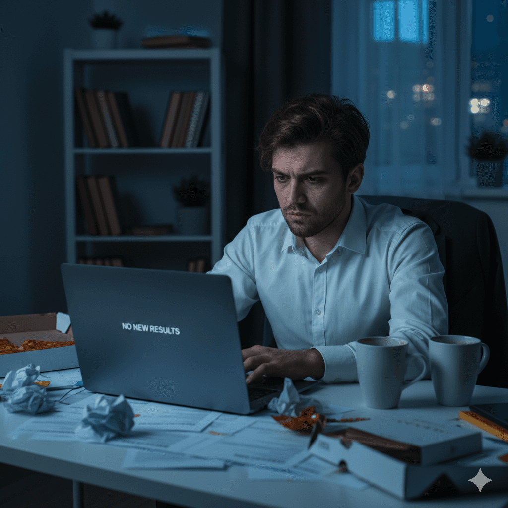 Уставший человек за ноутбуком поздно ночью