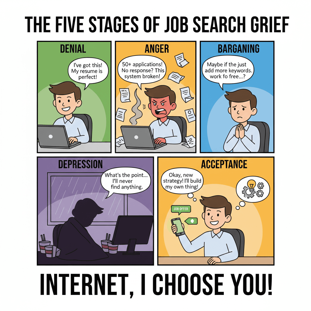 Мем про 5 стадий поиска работы